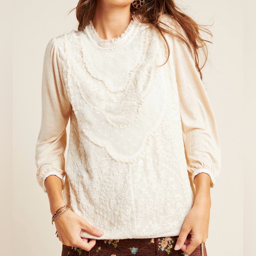 Anthropologie Tiny Finja Embroidered Blouse Cream Ivory - Small